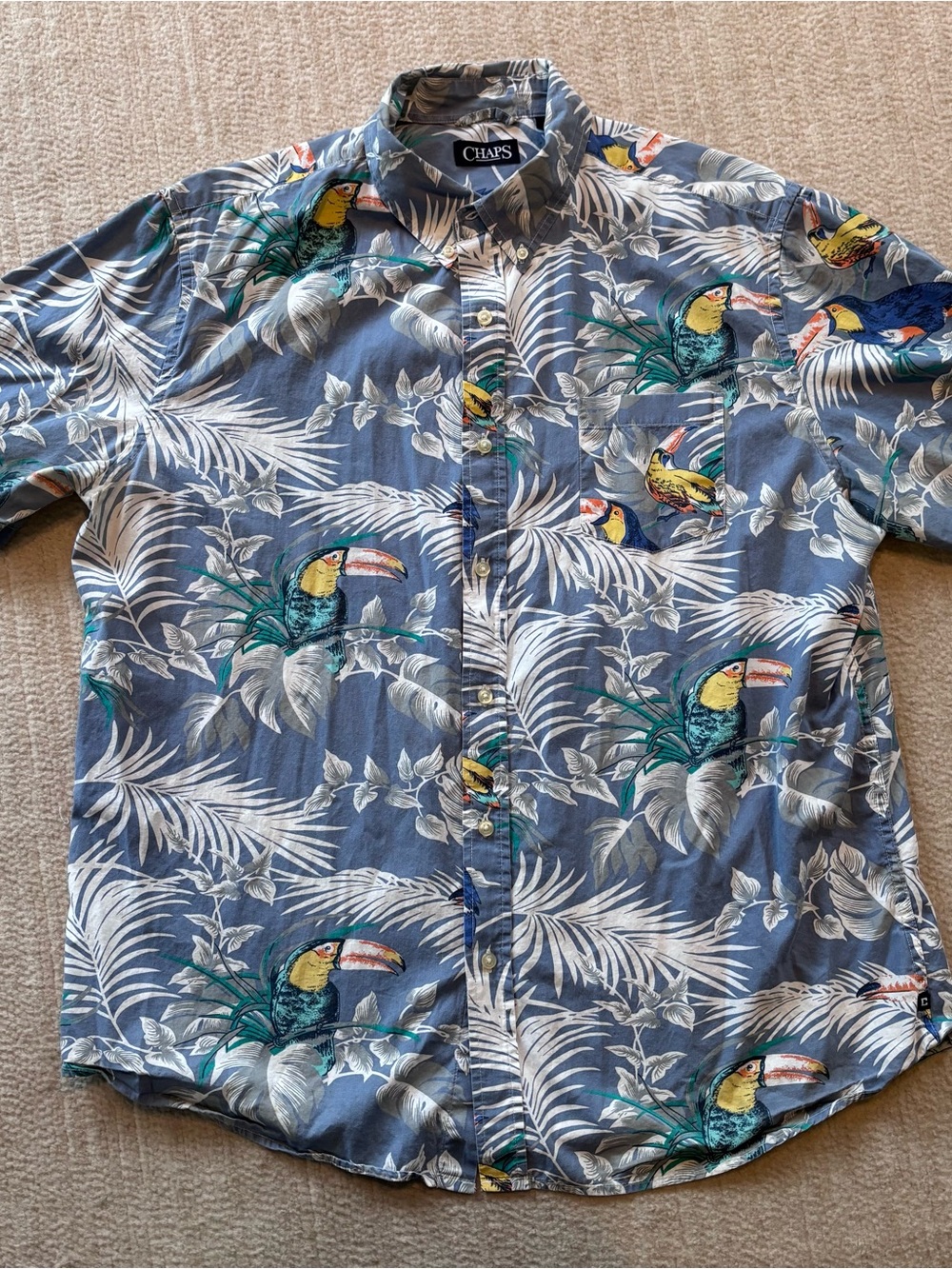 Chaps Blue Button-Up Shirt with Tropical Toucan Print